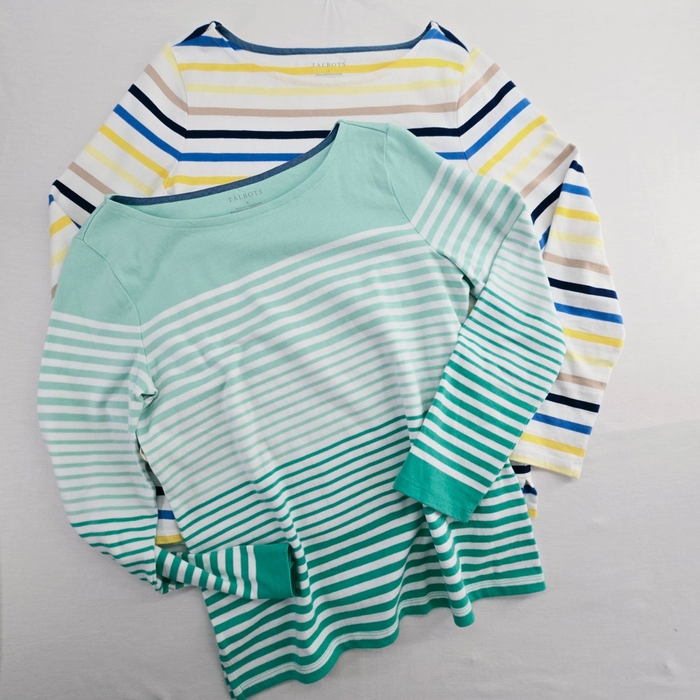 Talbots sz Small Striped T Shirts Long Sleeve Cotton Knit Boat Neck Lot of 2